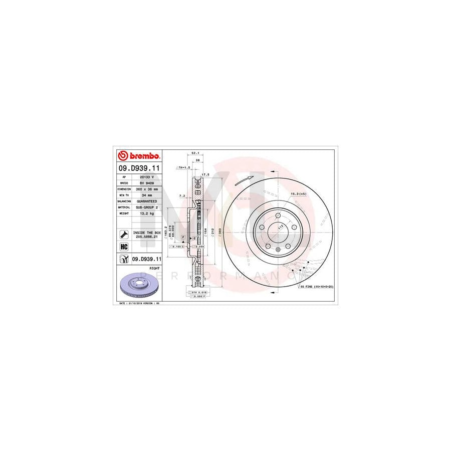 BREMBO 09.D939.11 Brake Disc for PORSCHE Macan (95B) Internally Vented, Slotted, Coated, High-carbon, with bolts/screws Supercar Parts UK Car Parts